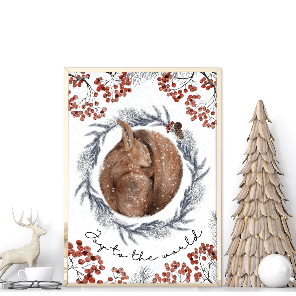 Scandinavian Christmas Squirrel Wall Art Print – Frame & Size Options