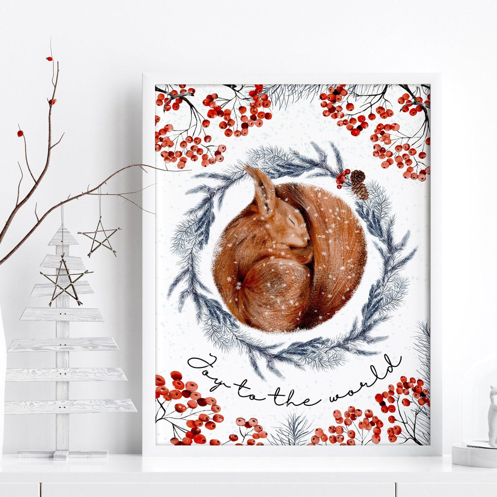 Scandinavian Christmas Squirrel Wall Art Print – Frame & Size Options
