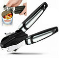 black and silver manual tin can opener