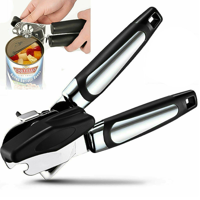 black and silver manual tin can opener