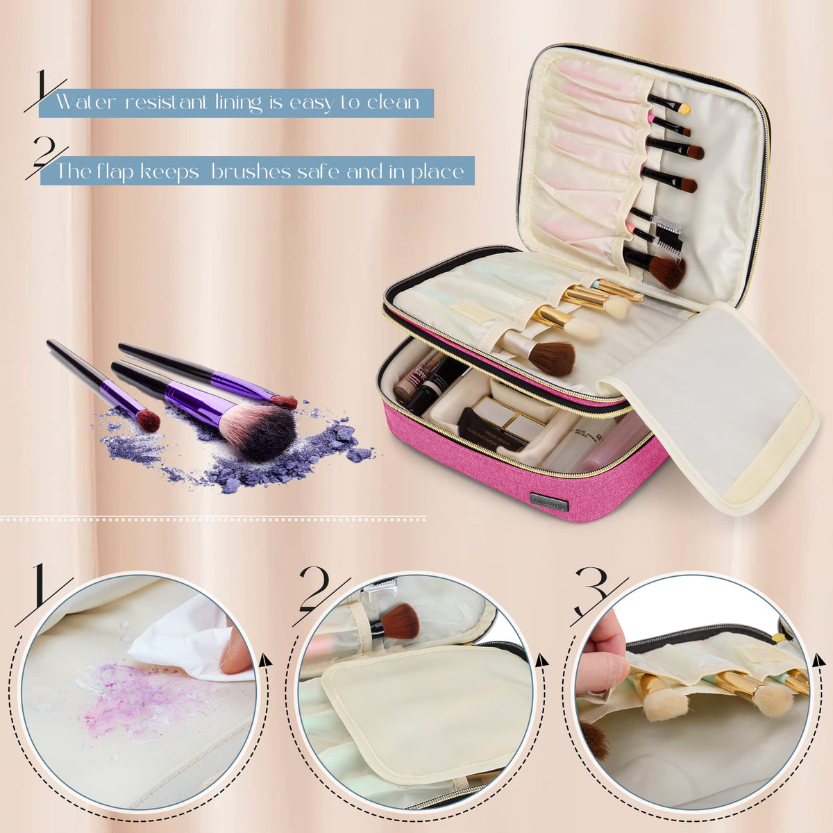 Teamoy Pink Travel Makeup Brush Case with Handle