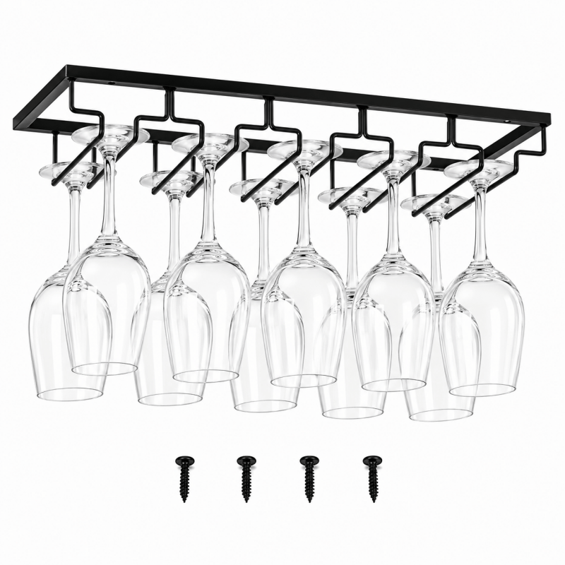 5-slot black under-cabinet wine glass rack with fixing screws