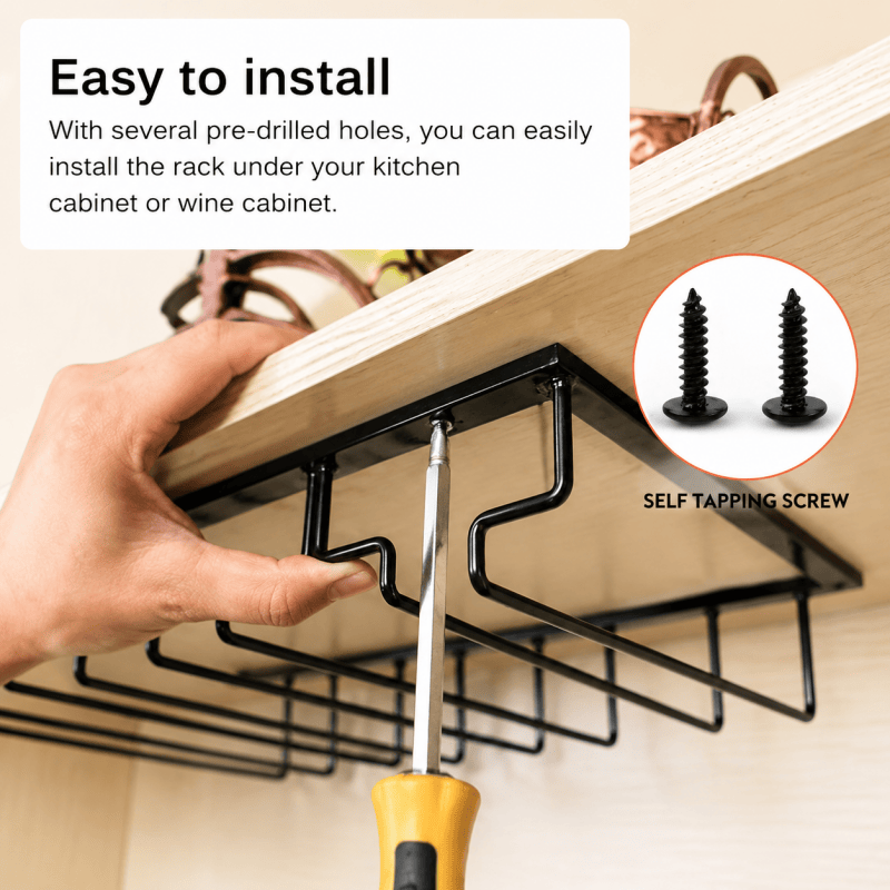 Installing the 5-slot black under-cabinet wine glass rack